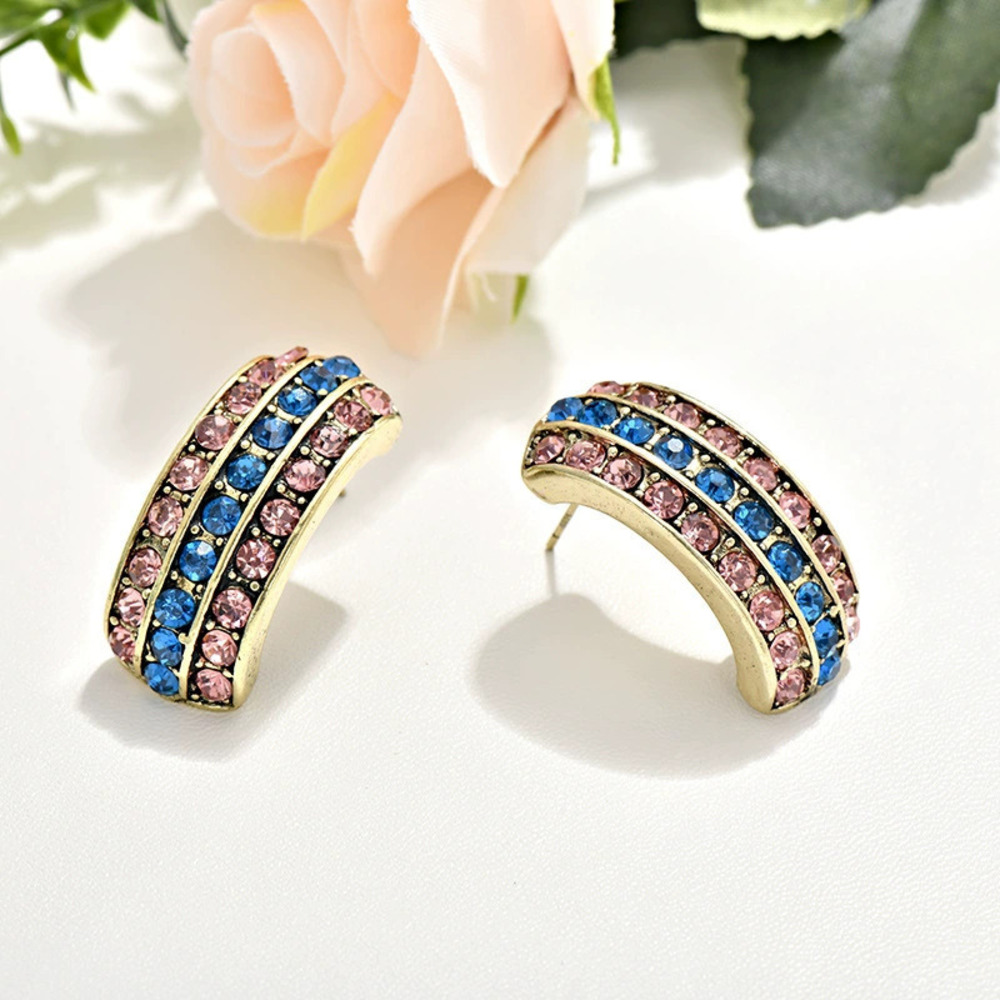 Vintage Full Rhinestone Letter Shape Earrings Silver Posts